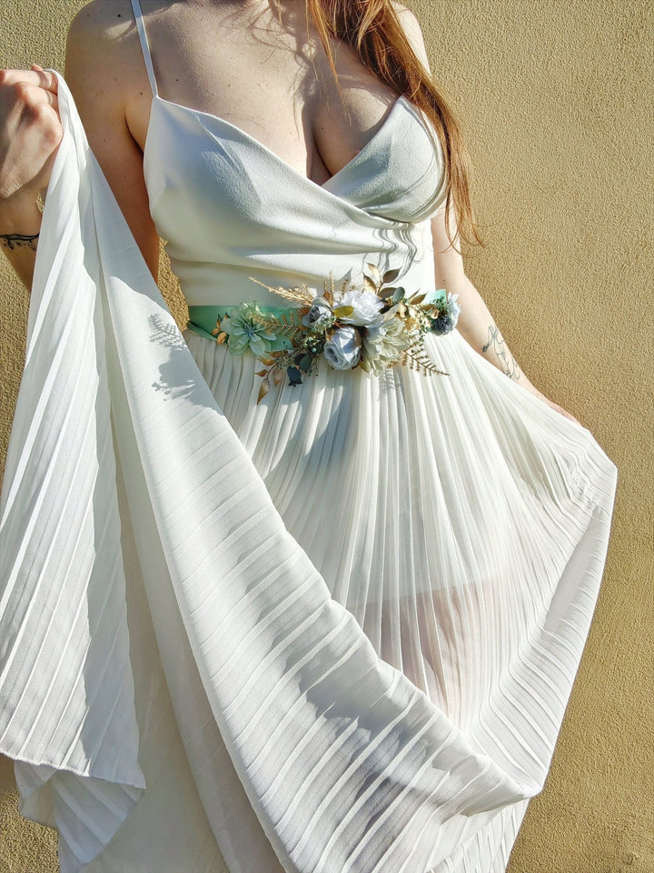 Mint Ribbon Flower Bridal Belt: Gold Accent Wedding Sash – handmade floral hair accessory by magaela