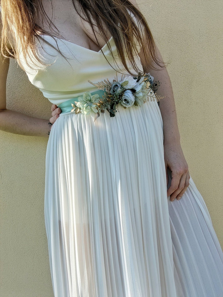 Mint Ribbon Flower Bridal Belt: Gold Accent Wedding Sash – handmade floral hair accessory by magaela