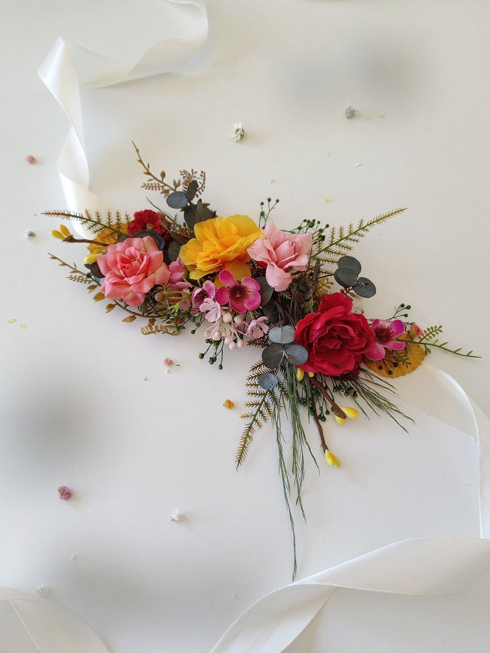 Colorful Floral Bridal Belt: Red, Yellow, Pink Flower Sash – handmade floral hair accessory by magaela