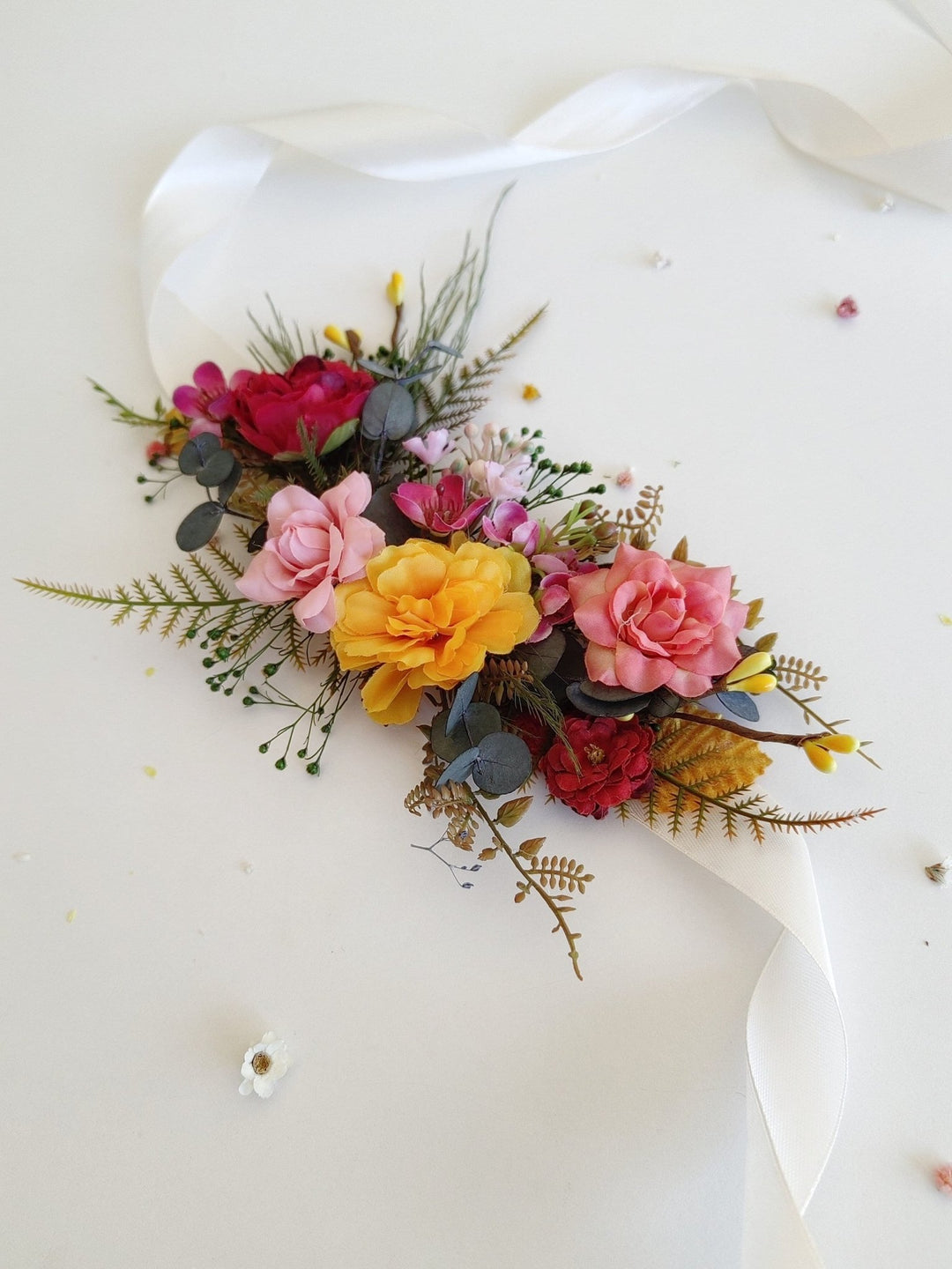 Colorful Floral Bridal Belt: Red, Yellow, Pink Flower Sash – handmade floral hair accessory by magaela