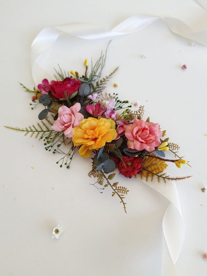Colorful Floral Bridal Belt: Red, Yellow, Pink Flower Sash – handmade floral hair accessory by magaela