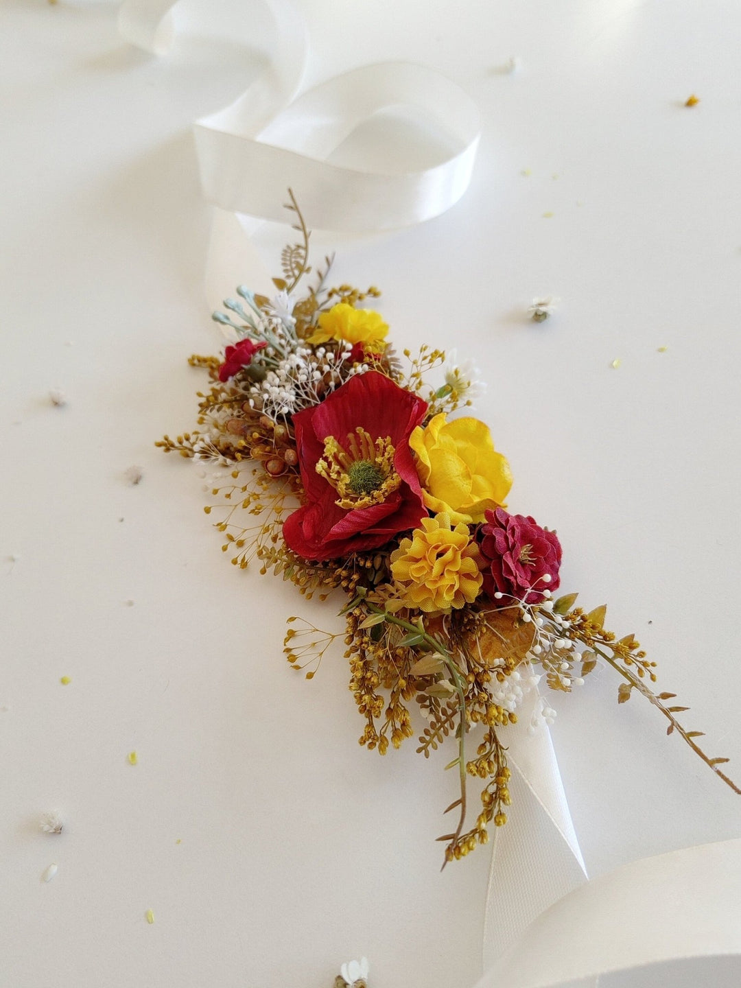 Red & Yellow Poppy Flower Belt: Boho Bridal Dress, Summer Wedding – handmade floral hair accessory by magaela