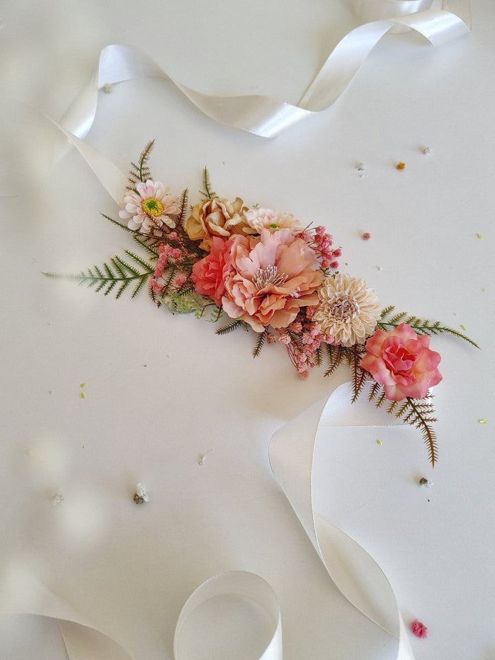 Blush Peach Flower Belt: Boho Bridal Wedding Dress Accessory – handmade floral hair accessory by magaela