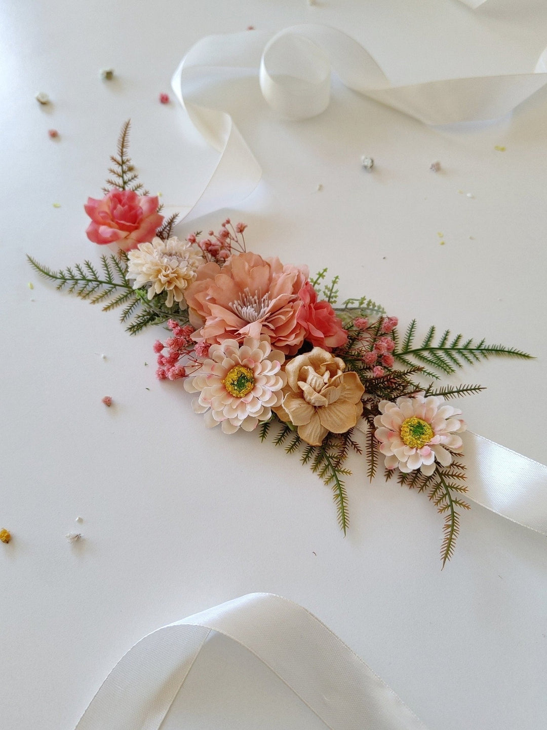 Blush Peach Flower Belt: Boho Bridal Wedding Dress Accessory – handmade floral hair accessory by magaela