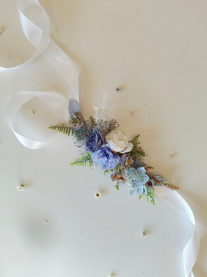 Blue Flower Bridal Belt: Romantic Rustic Wedding Dress Accessory – handmade floral hair accessory by magaela