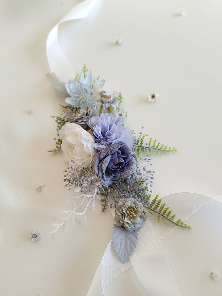 Blue Flower Bridal Belt: Romantic Rustic Wedding Dress Accessory – handmade floral hair accessory by magaela