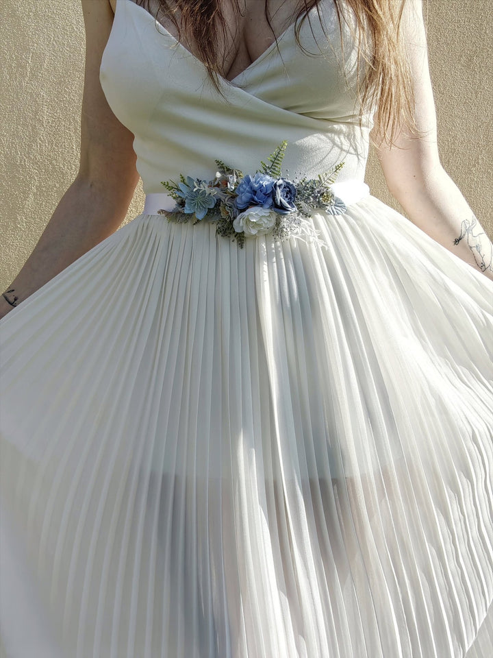 Blue Flower Bridal Belt: Romantic Rustic Wedding Dress Accessory – handmade floral hair accessory by magaela