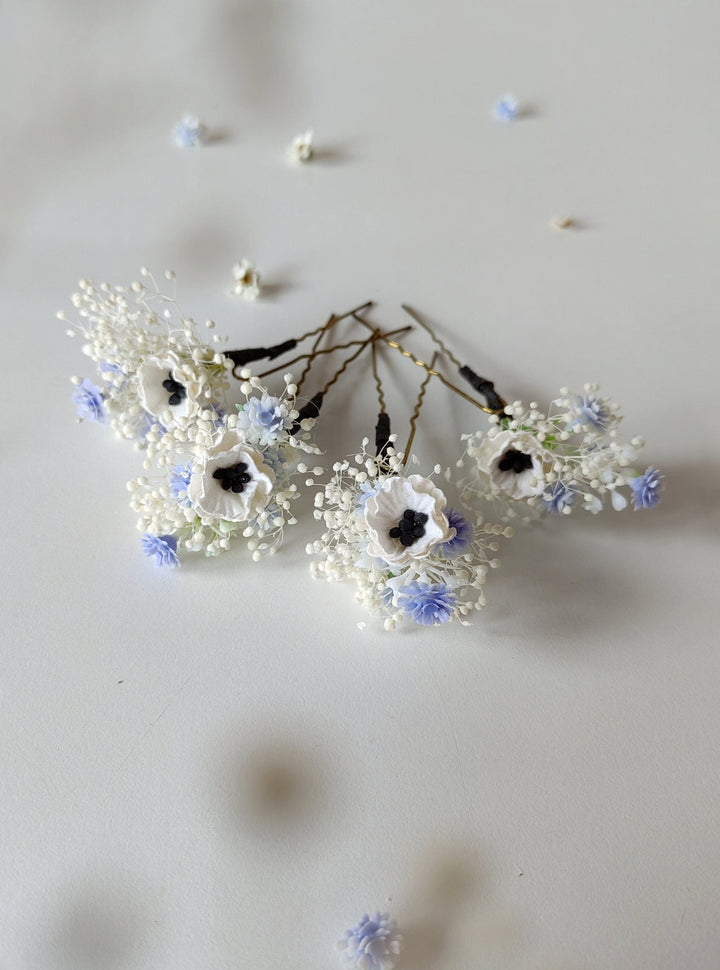Anemone Flower Hair Pins: Baby Blue Wedding Hair Accessories – handmade floral hair accessory by magaela