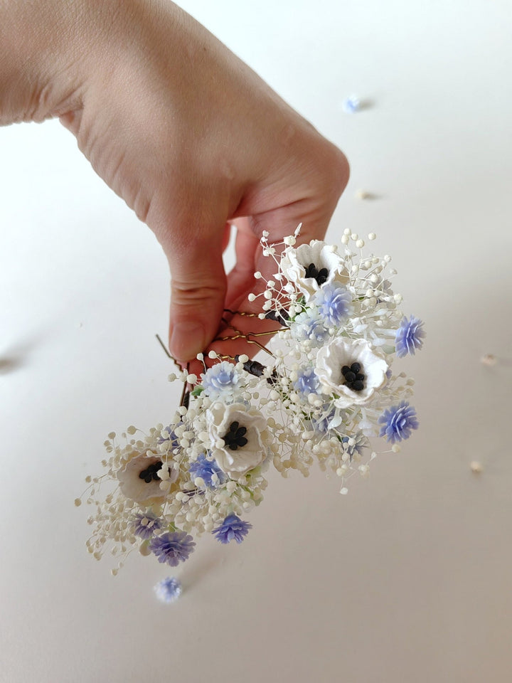 Anemone Flower Hair Pins: Baby Blue Wedding Hair Accessories – handmade floral hair accessory by magaela
