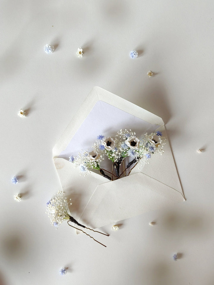 Anemone Flower Hair Pins: Baby Blue Wedding Hair Accessories – handmade floral hair accessory by magaela