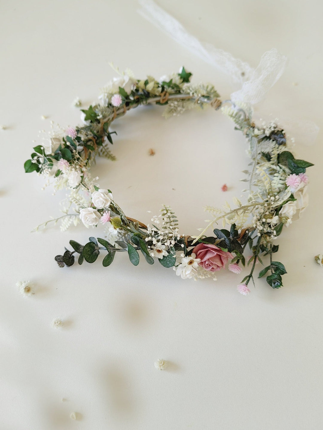 Rustic Bridal Flower Crown: White & Pink Rose Wedding Wreath – handmade floral hair accessory by magaela