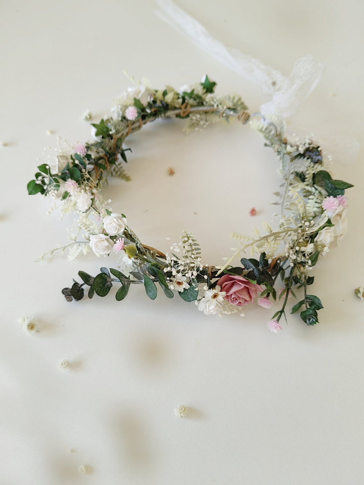 Rustic Bridal Flower Crown: White & Pink Rose Wedding Wreath – handmade floral hair accessory by magaela