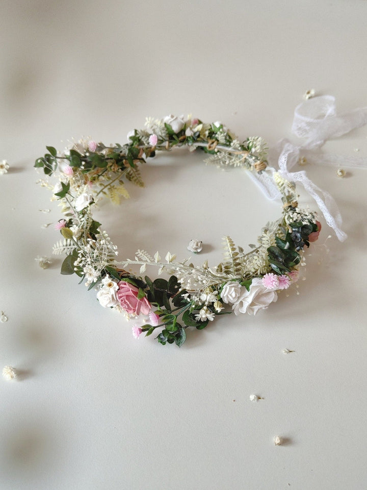 Rustic Bridal Flower Crown: White & Pink Rose Wedding Wreath – handmade floral hair accessory by magaela