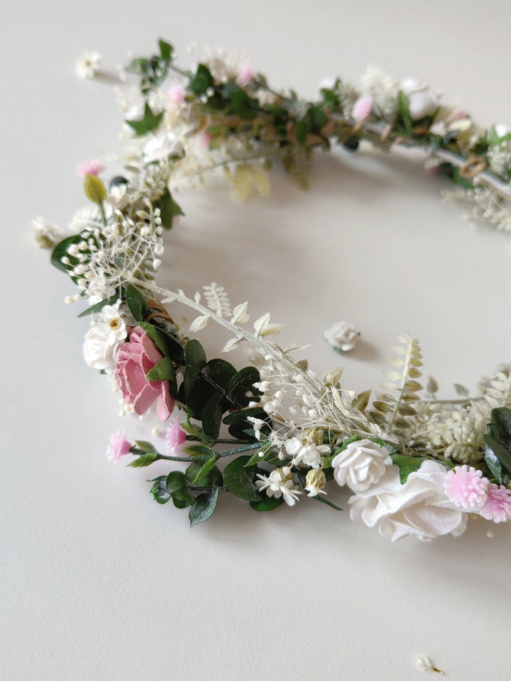 Rustic Bridal Flower Crown: White & Pink Rose Wedding Wreath – handmade floral hair accessory by magaela