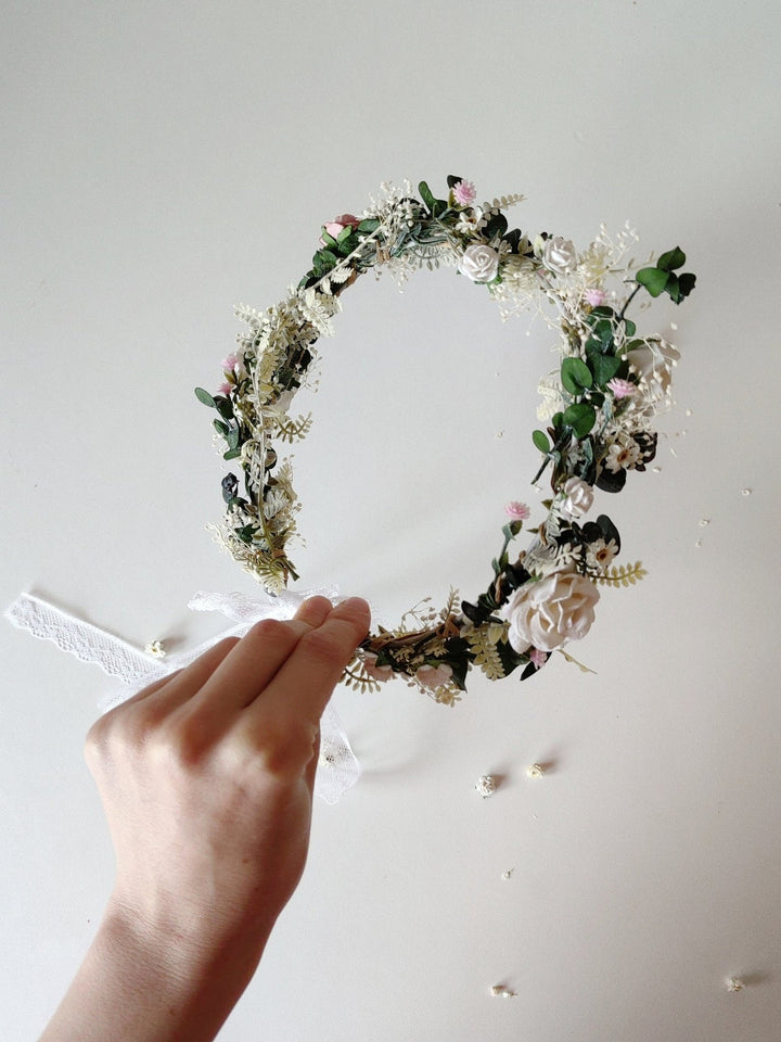 Rustic Bridal Flower Crown: White & Pink Rose Wedding Wreath – handmade floral hair accessory by magaela
