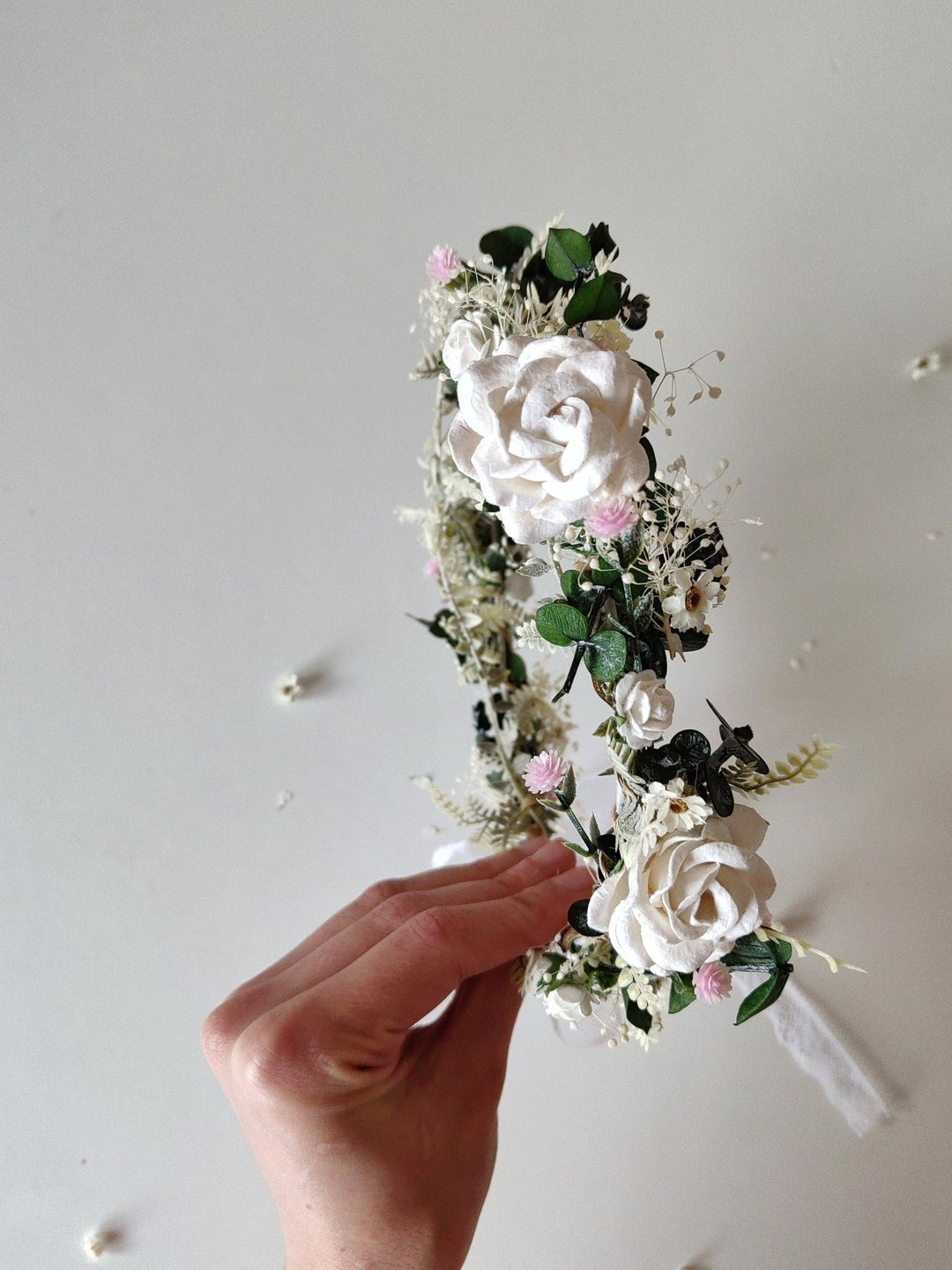 Rustic Bridal Flower Crown: White & Pink Rose Wedding Wreath – handmade floral hair accessory by magaela
