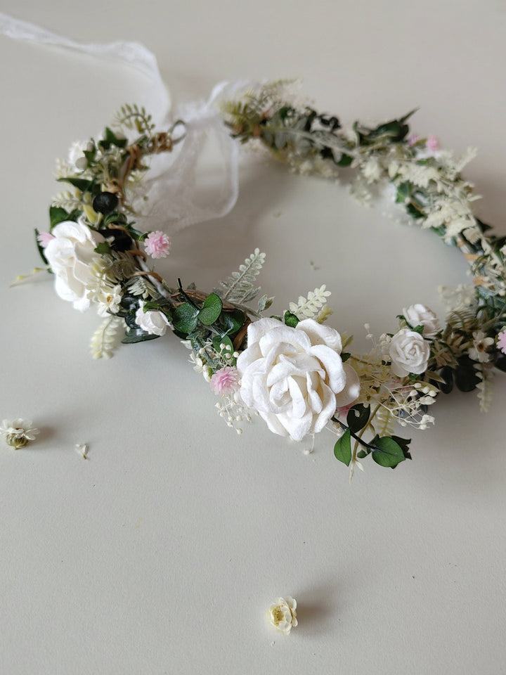 Rustic Bridal Flower Crown: White & Pink Rose Wedding Wreath – handmade floral hair accessory by magaela