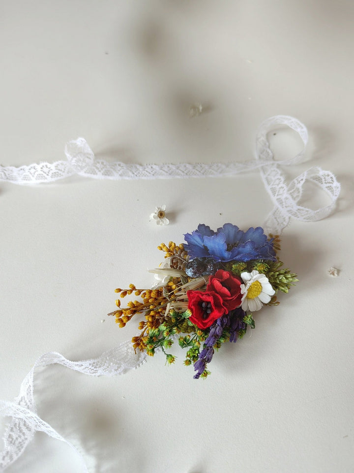 Meadow Flower Wedding Wrist Corsage: Forget - Me - Nots & Poppy – handmade floral hair accessory by magaela