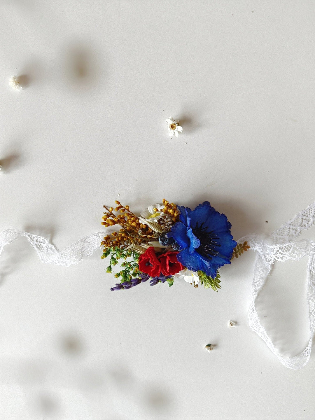 Meadow Flower Wedding Wrist Corsage: Forget - Me - Nots & Poppy – handmade floral hair accessory by magaela