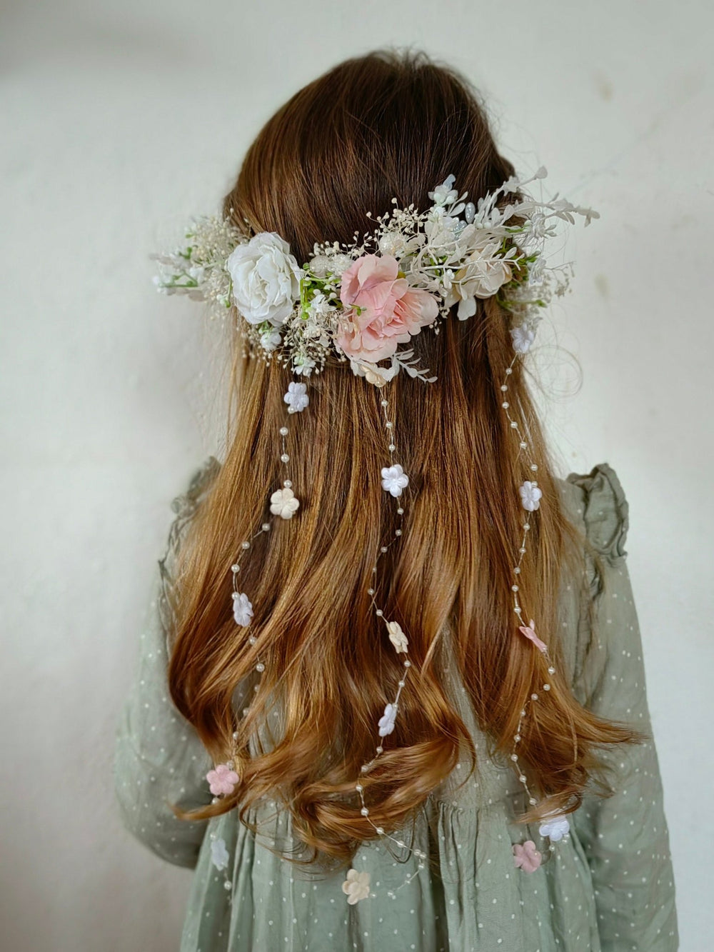 Romantic Wedding Hair Vine: Floral Bridal Veil, Pink White Cream – handmade floral hair accessory by magaela