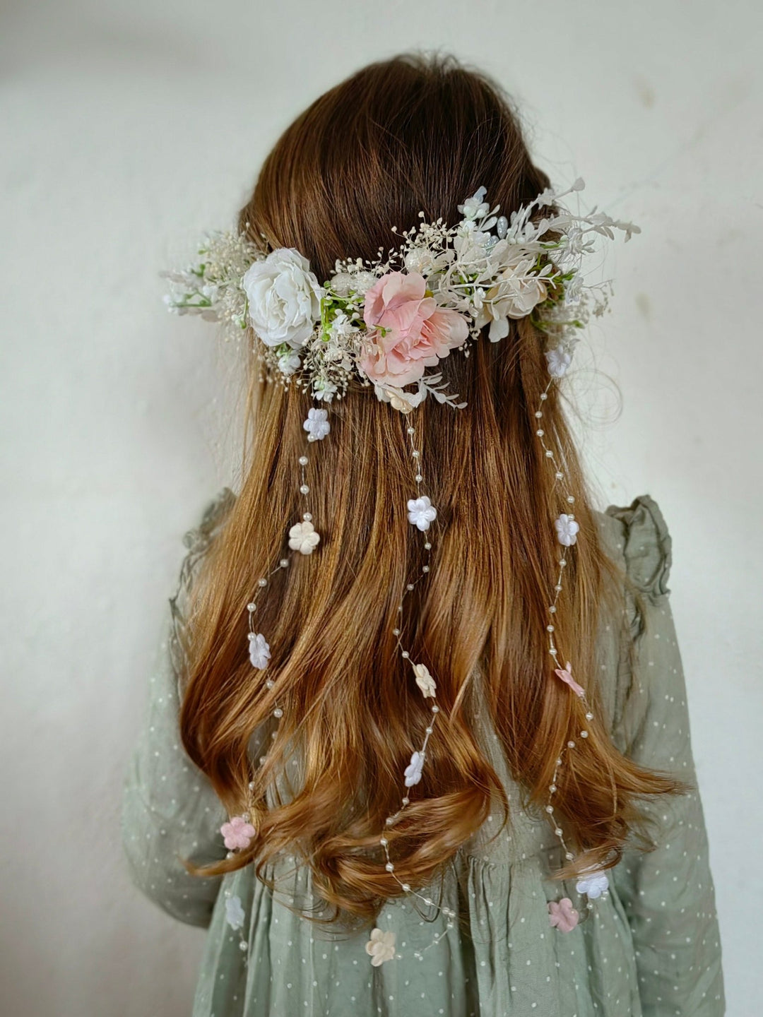 Romantic Wedding Hair Vine: Floral Bridal Veil, Pink White Cream – handmade floral hair accessory by magaela