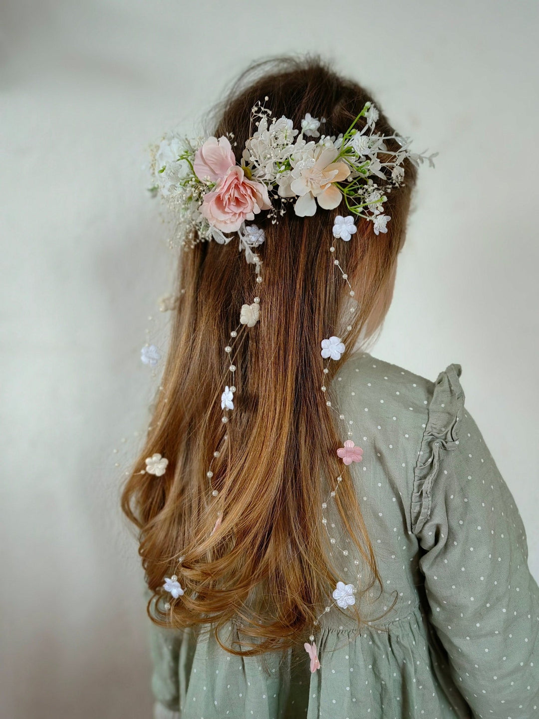 Romantic Wedding Hair Vine: Floral Bridal Veil, Pink White Cream – handmade floral hair accessory by magaela