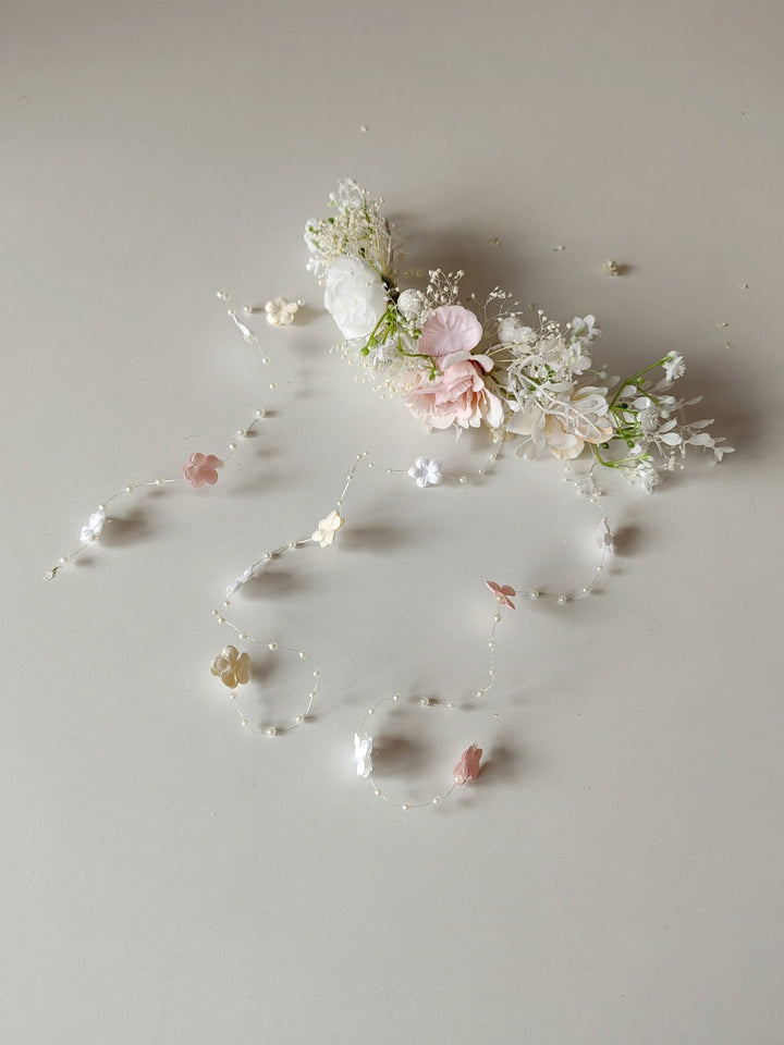 Romantic Wedding Hair Vine: Floral Bridal Veil, Pink White Cream – handmade floral hair accessory by magaela