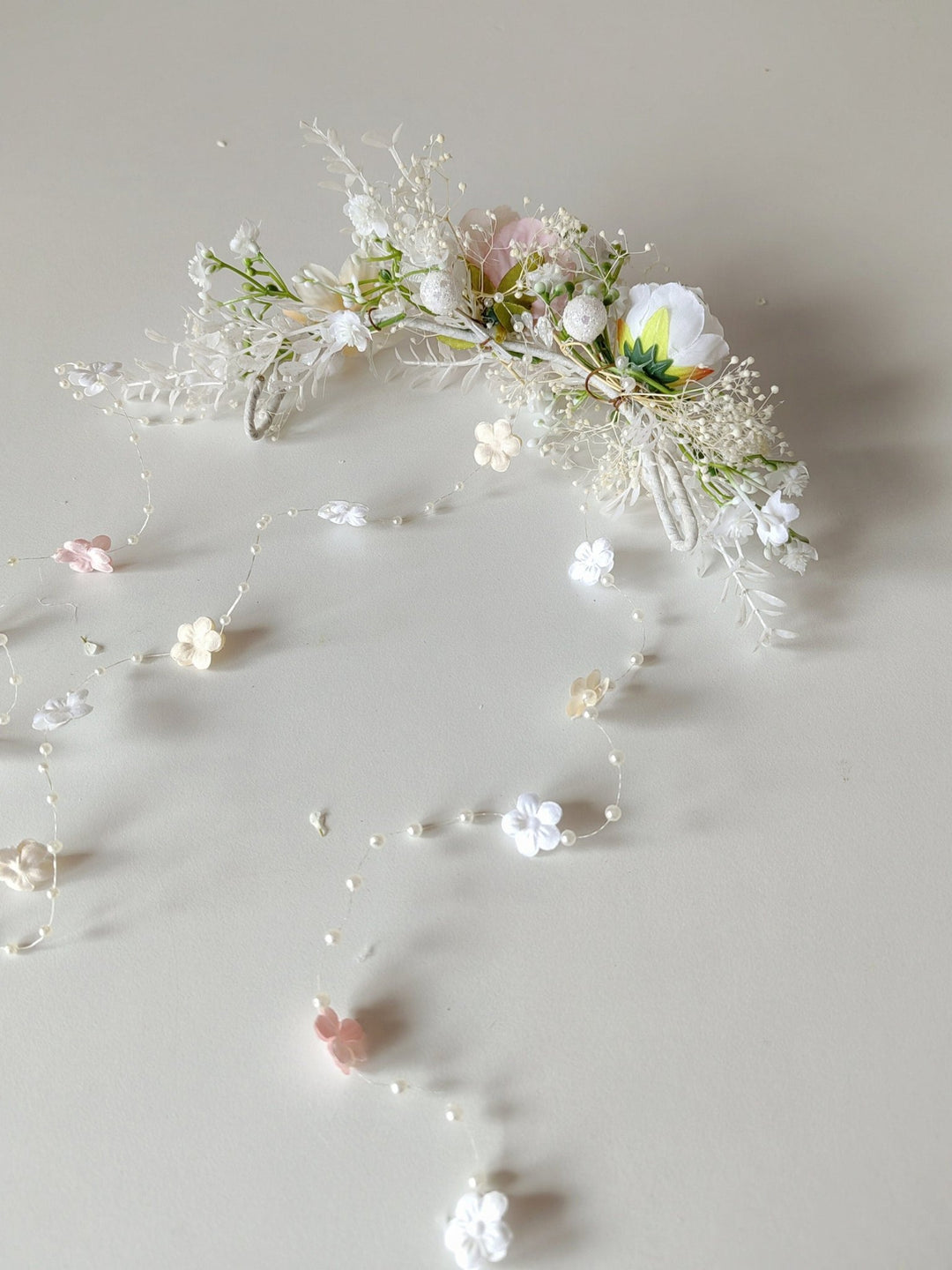 Romantic Wedding Hair Vine: Floral Bridal Veil, Pink White Cream – handmade floral hair accessory by magaela