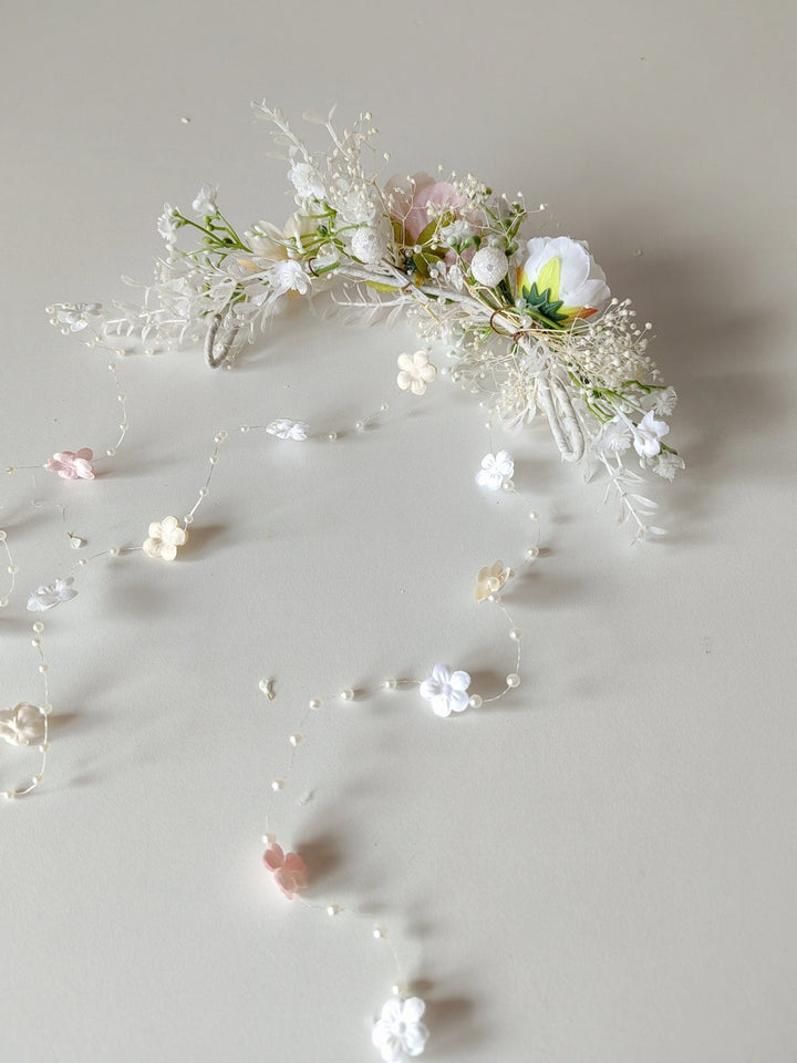 Romantic Wedding Hair Vine: Floral Bridal Veil, Pink White Cream – handmade floral hair accessory by magaela