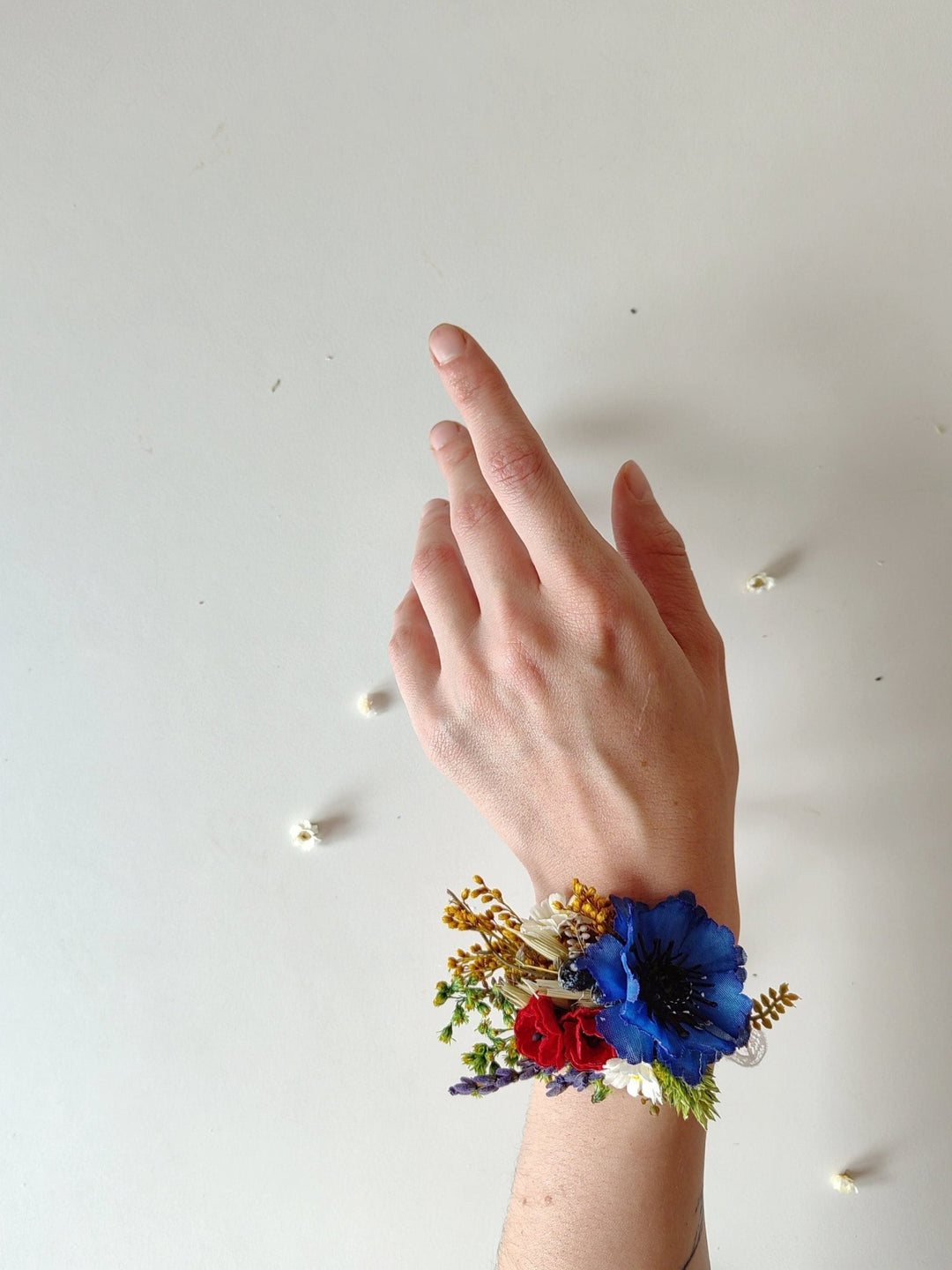 Meadow Flower Wedding Wrist Corsage: Forget - Me - Nots & Poppy – handmade floral hair accessory by magaela