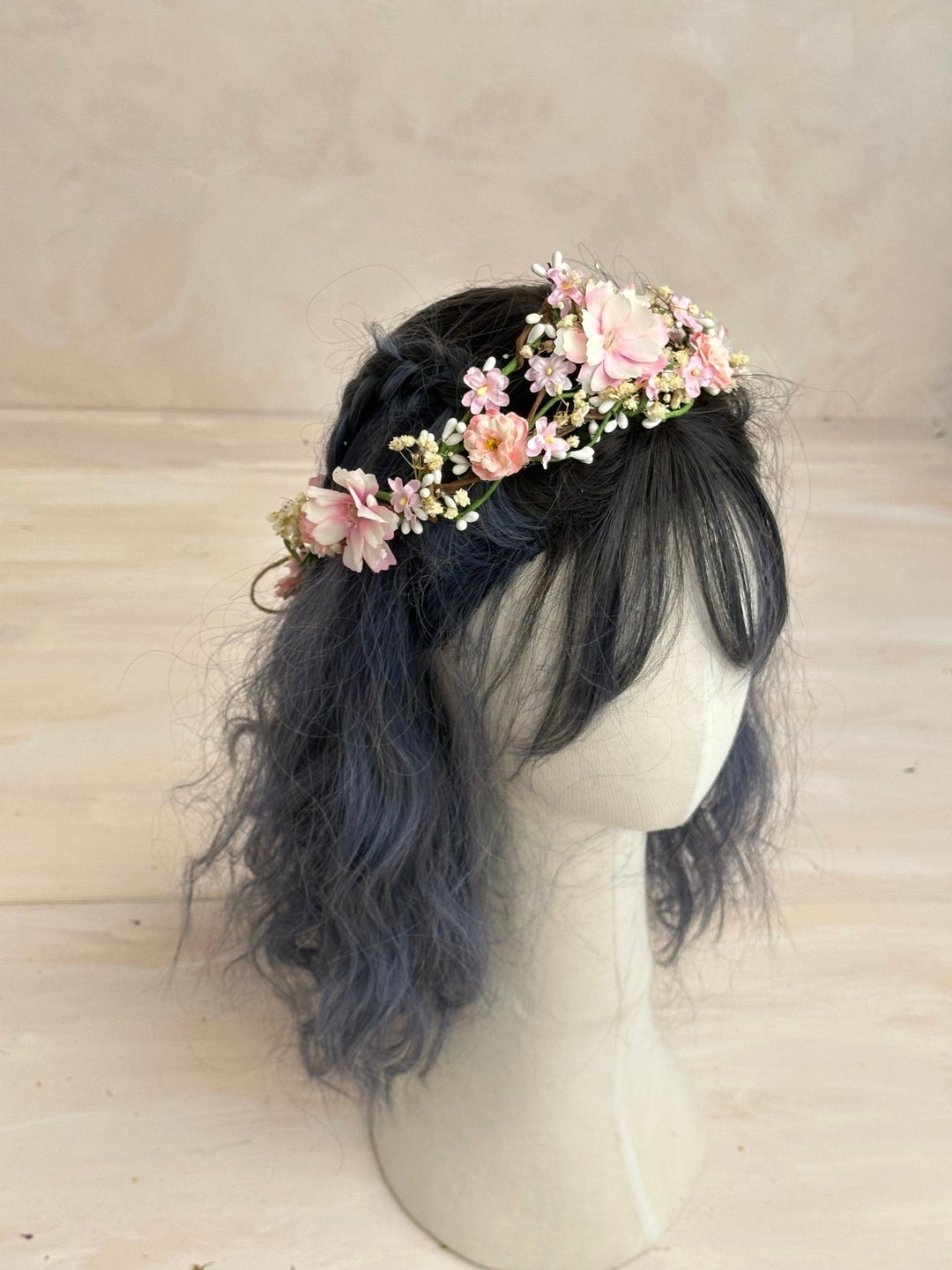 Blush Pink Flower Wedding Wreath with Long Hanging Vines – handmade floral hair accessory by magaela