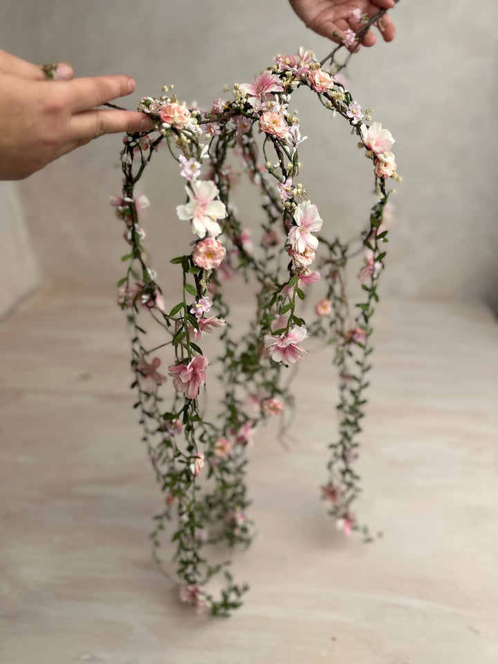 Blush Pink Flower Wedding Wreath with Long Hanging Vines – handmade floral hair accessory by magaela