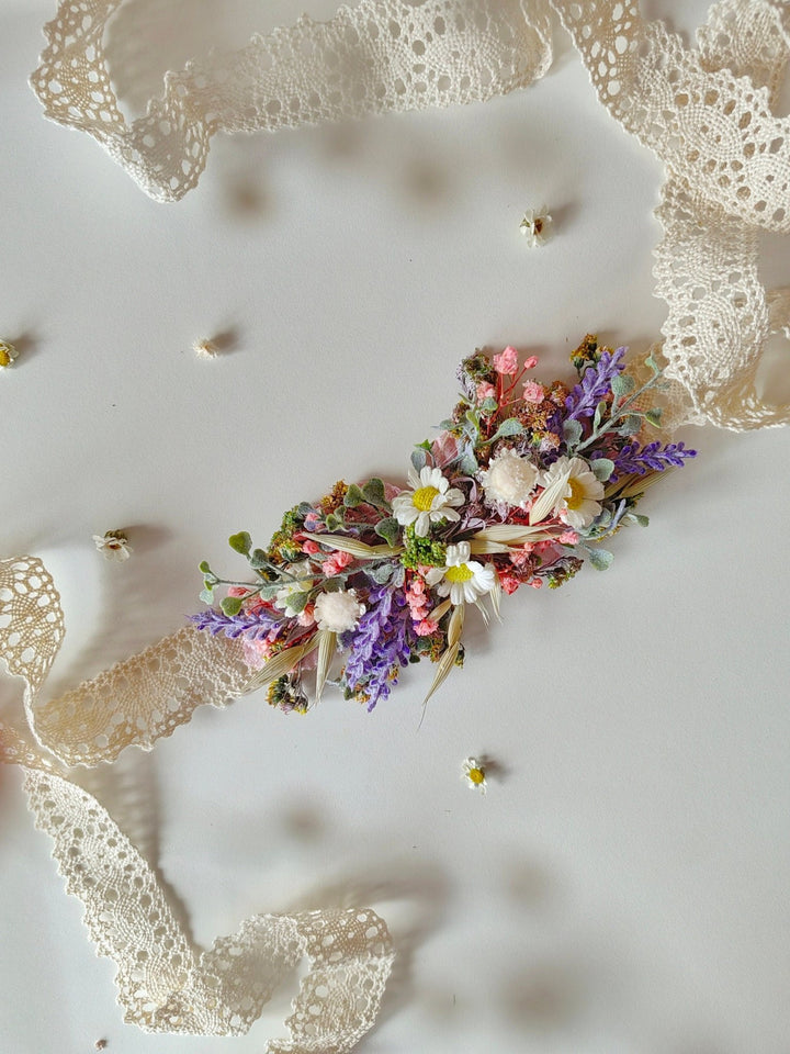 Rustic Wedding Flower Set: Wildflower Hair Comb, Bracelet, Belt – handmade floral hair accessory by magaela