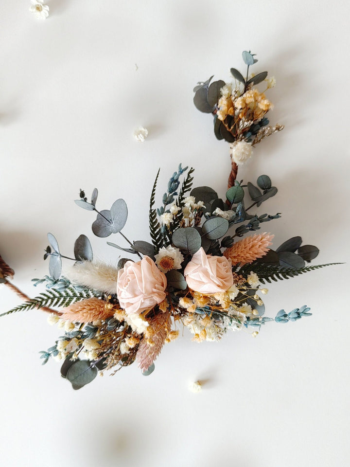 Preserved Flower Wedding Set: Rose Crown, Hair Vine, Boutonniere – handmade floral hair accessory by magaela