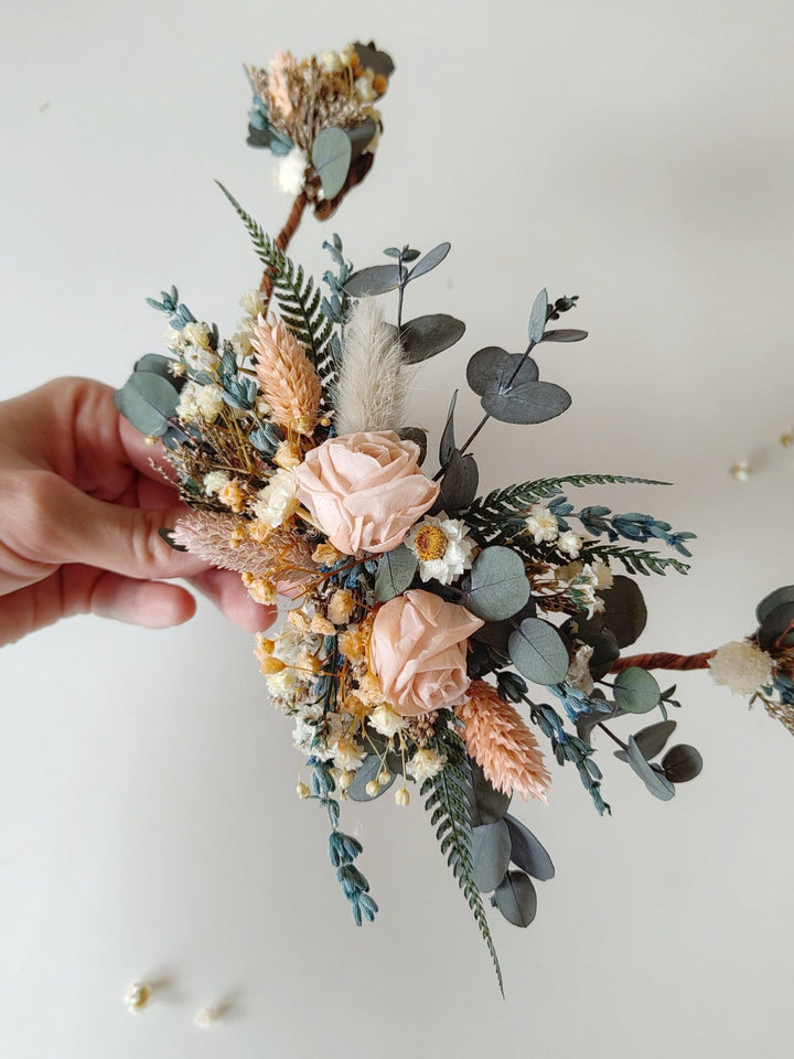 Preserved Flower Wedding Set: Rose Crown, Hair Vine, Boutonniere – handmade floral hair accessory by magaela