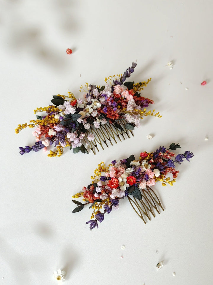 Preserved Wildflower Bridal Comb: Colorful Meadow Wedding Hair Accessory – handmade floral hair accessory by magaela
