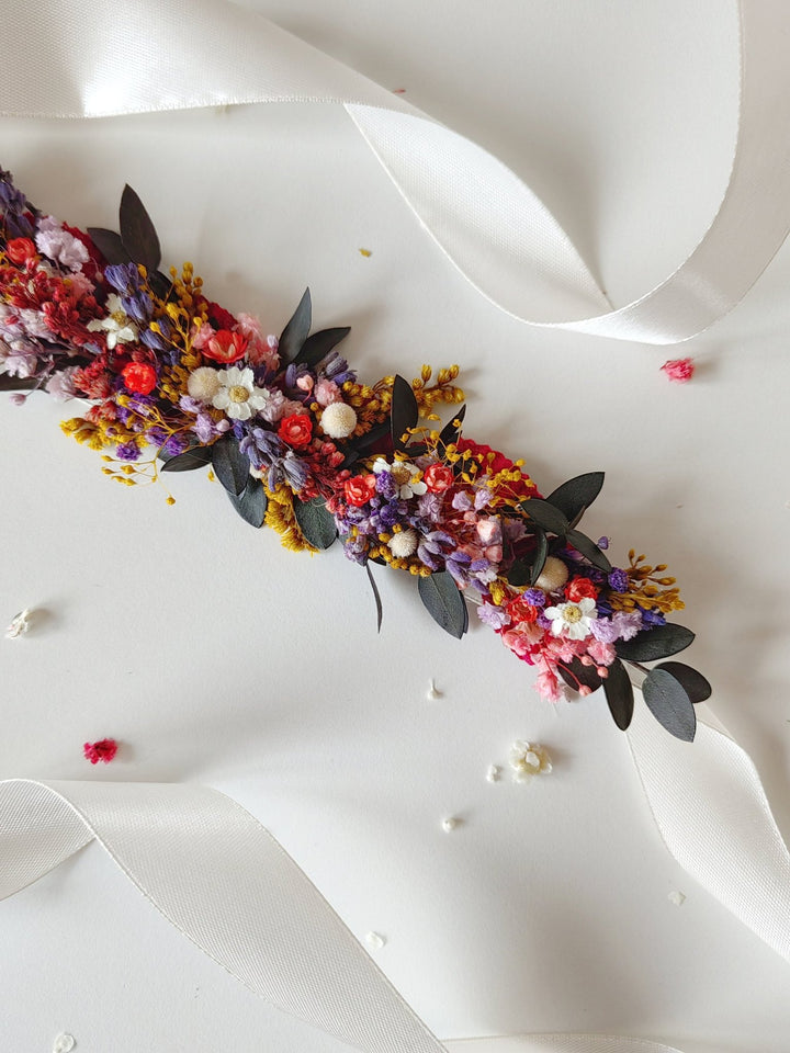 Wildflower Bridal Belt: Preserved Meadow Flowers, Garden Wedding Accessory – handmade floral hair accessory by magaela