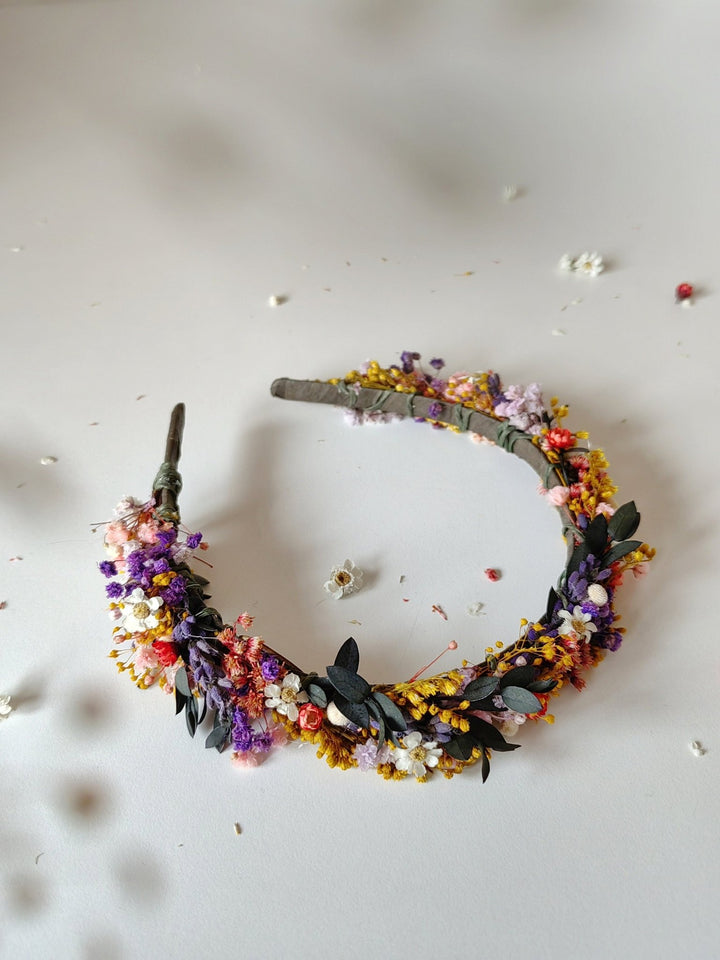 Rustic Preserved Flower Headband: Colorful Meadow Wedding Headpiece – handmade floral hair accessory by magaela
