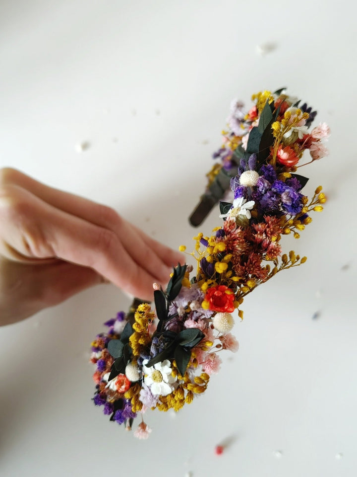 Rustic Preserved Flower Headband: Colorful Meadow Wedding Headpiece – handmade floral hair accessory by magaela