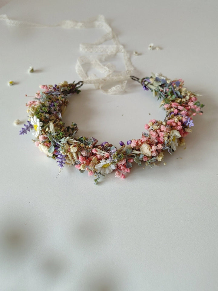 Wildflower Bridal Half Wreath: Lavender Daisy Boho Headpiece – handmade floral hair accessory by magaela