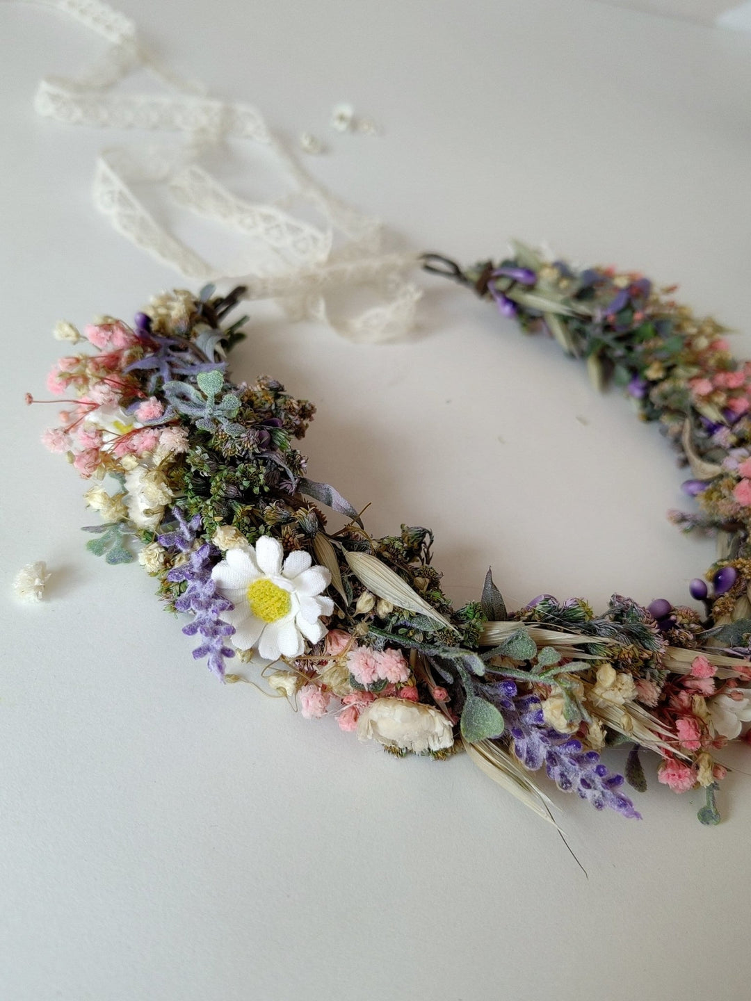 Wildflower Bridal Half Wreath: Lavender Daisy Boho Headpiece – handmade floral hair accessory by magaela