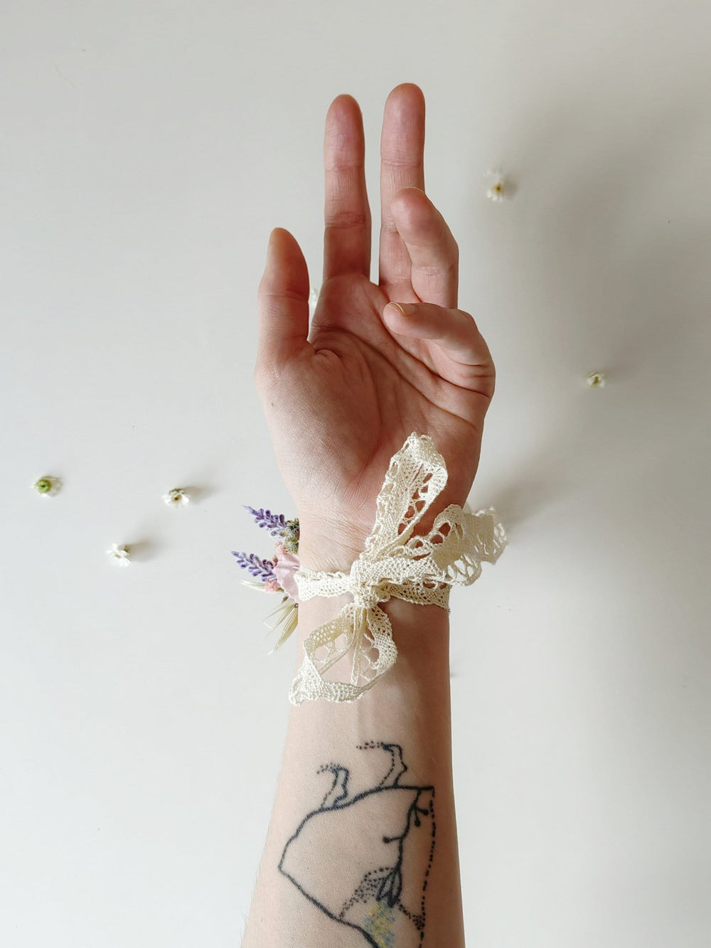 Wildflower Bracelet: Daisy Lavender Wedding Wrist Corsage – handmade floral hair accessory by magaela