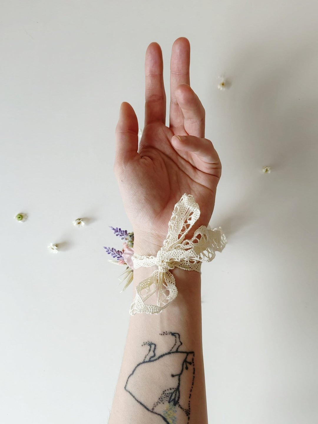 Wildflower Bracelet: Daisy Lavender Wedding Wrist Corsage – handmade floral hair accessory by magaela
