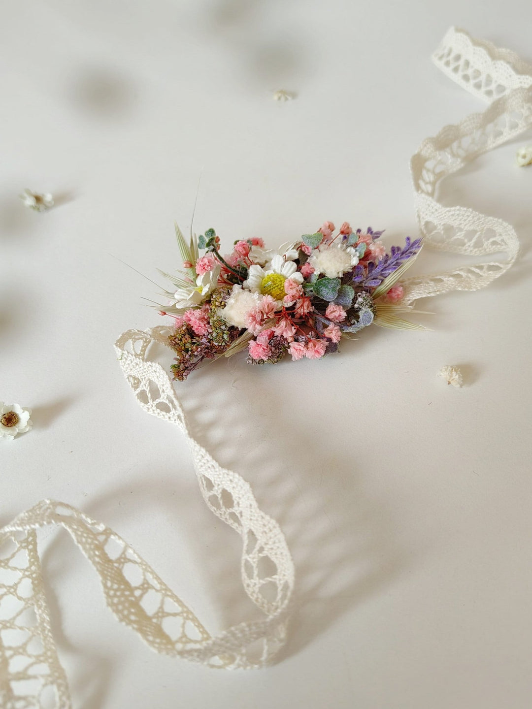Wildflower Bracelet: Daisy Lavender Wedding Wrist Corsage – handmade floral hair accessory by magaela