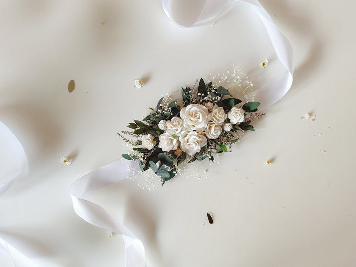 Eucalyptus & White Rose Flower Belt: Greenery Wedding Bridal Belt – handmade floral hair accessory by magaela