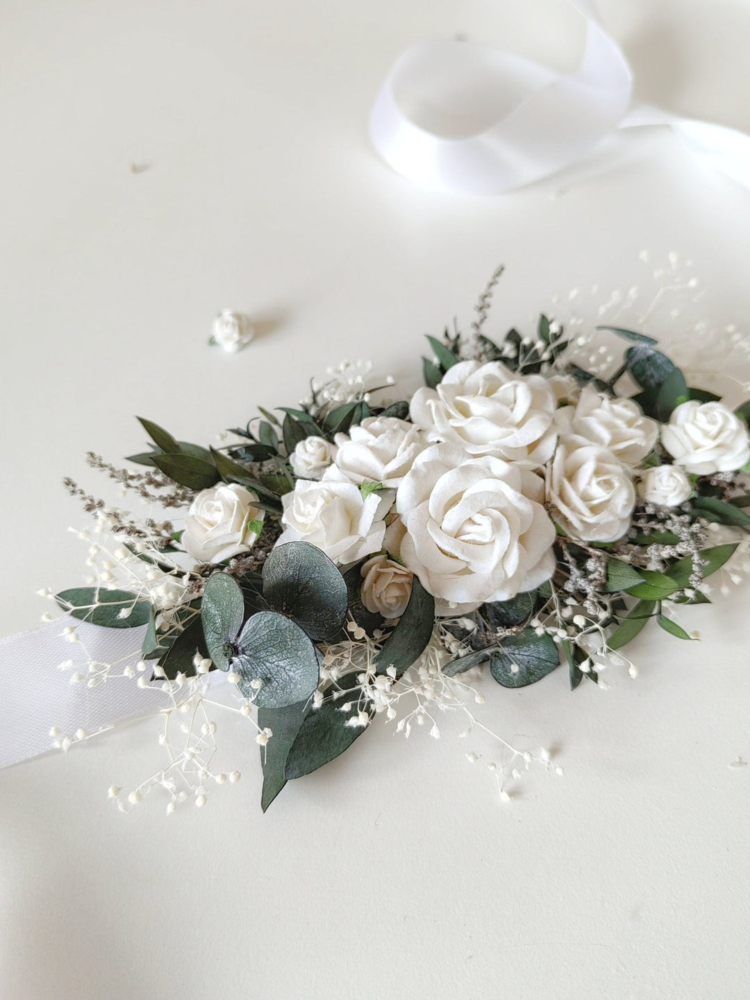 Eucalyptus & White Rose Flower Belt: Greenery Wedding Bridal Belt – handmade floral hair accessory by magaela