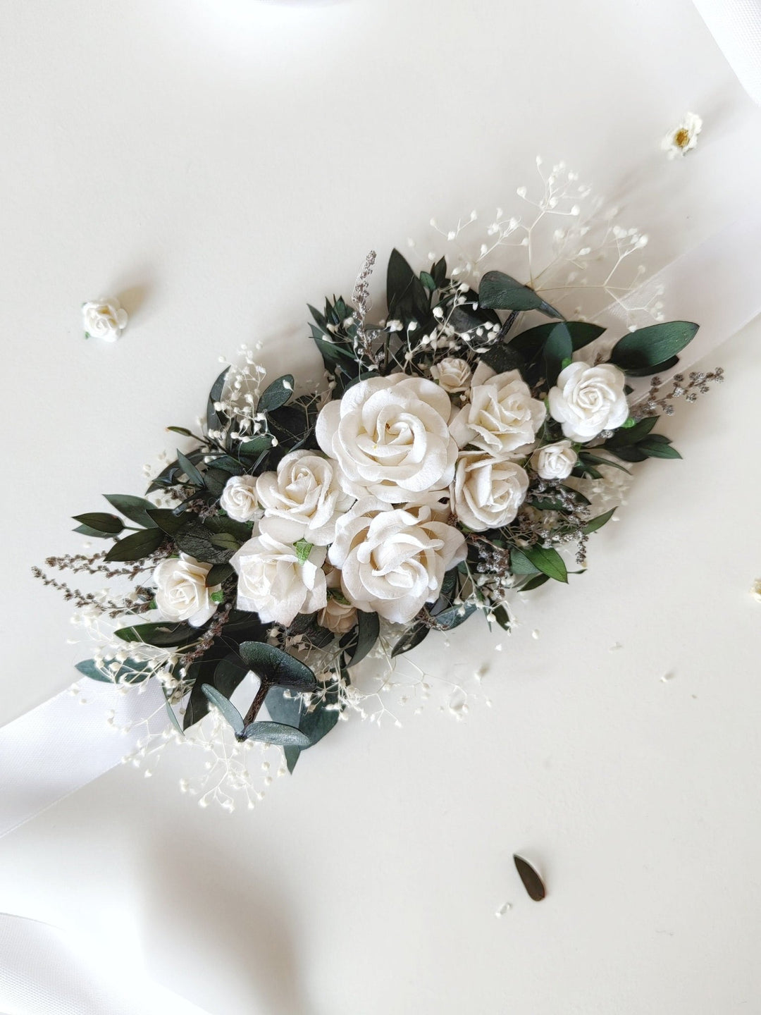 Eucalyptus & White Rose Flower Belt: Greenery Wedding Bridal Belt – handmade floral hair accessory by magaela