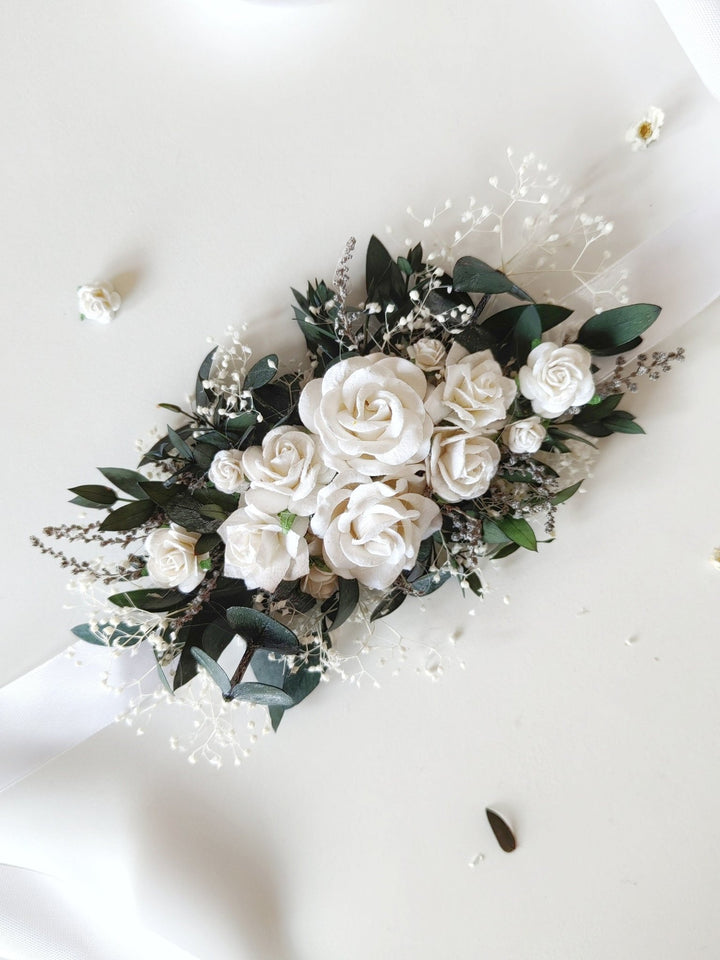 Eucalyptus & White Rose Flower Belt: Greenery Wedding Bridal Belt – handmade floral hair accessory by magaela