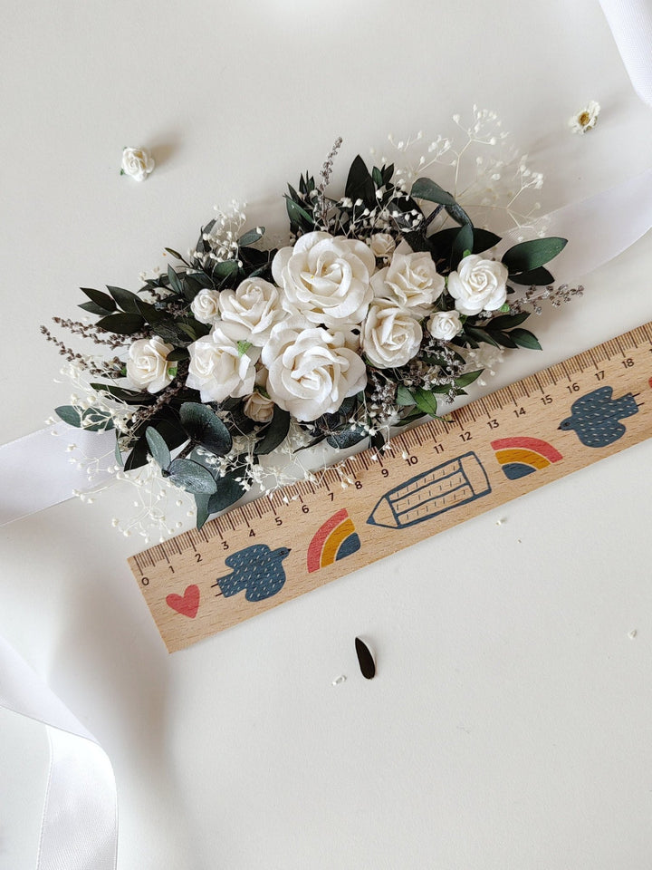 Eucalyptus & White Rose Flower Belt: Greenery Wedding Bridal Belt – handmade floral hair accessory by magaela