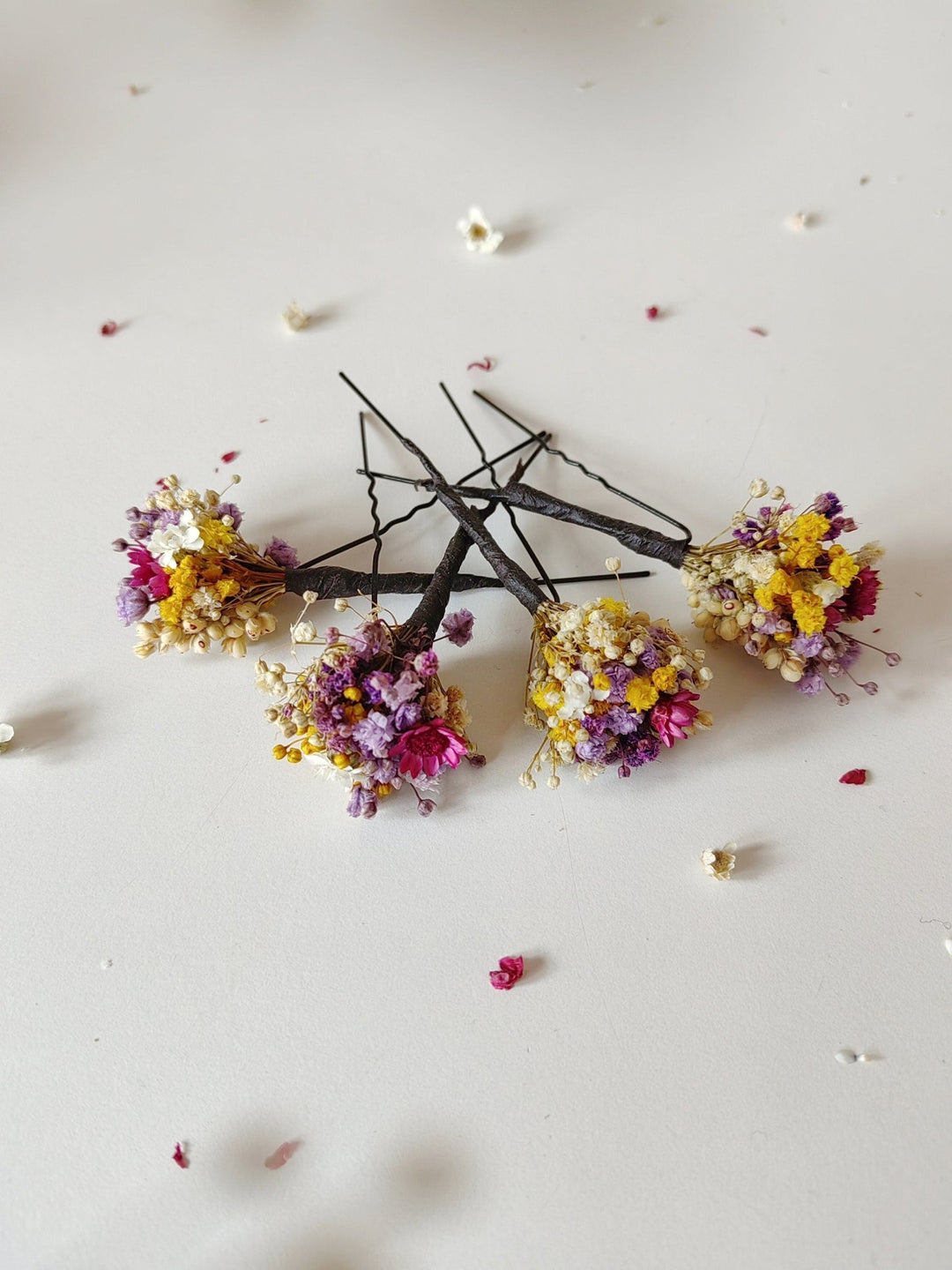 Dried Flower Hairpins: Magenta, Violet & Yellow Bridal Hair Accessories – handmade floral hair accessory by magaela